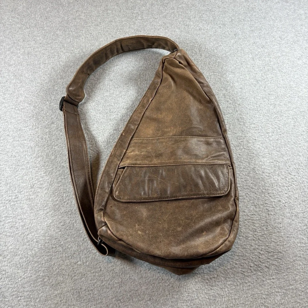 VTG Ace Leather Goods USA Brown Distressed Leather Teardrop Sling Backpack Bag